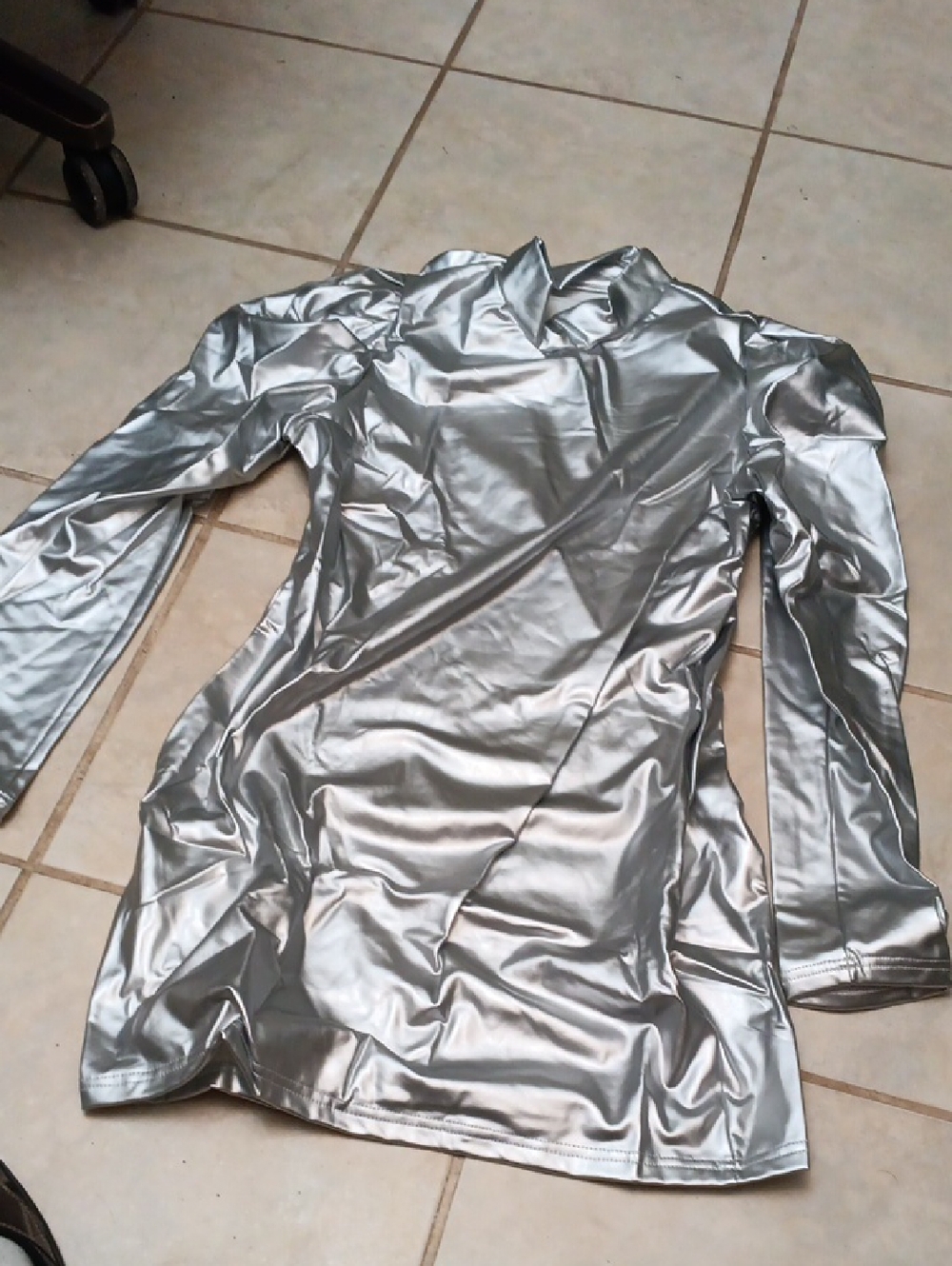 SHEIN Silver Metallic Long Sleeve Midi Faux Leather Dress
